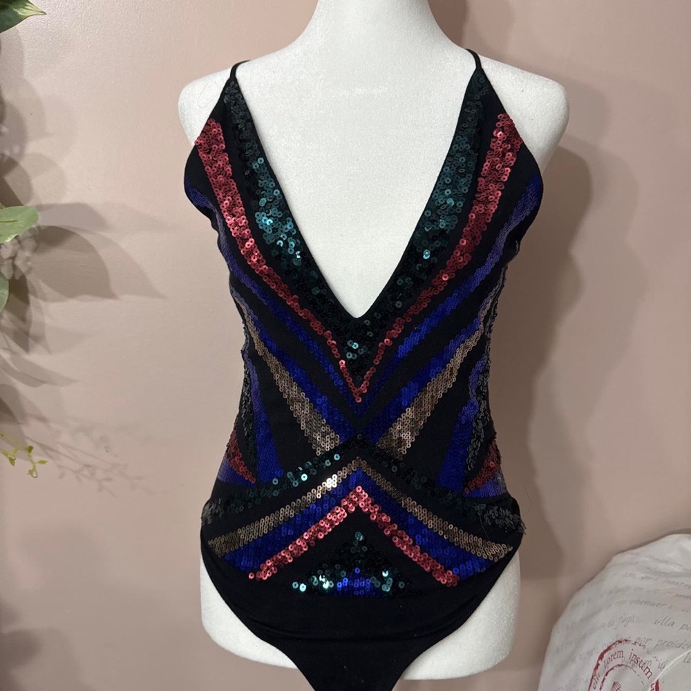 Express Sequined V-Neck Strappy Women’s Top - Black with Multicolor Sequins